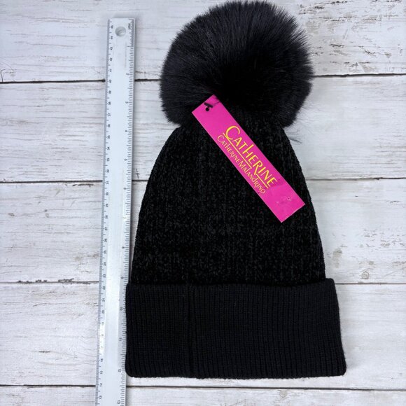Catherine Malandrino Black Knit Beanie With Faux Fur Pom-Pom O/S NWT - Picture 5 of 7